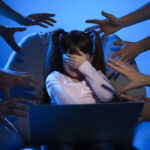 Strangers,Reaching,Frightened,Little,Child,With,Laptop,On,Color,Background.